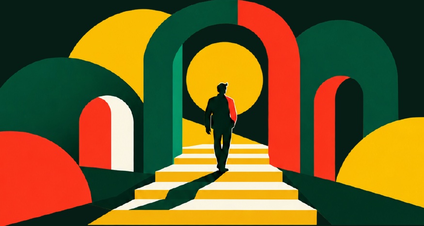 A person stepping toward a golden light through geometric green and vermilion arches.